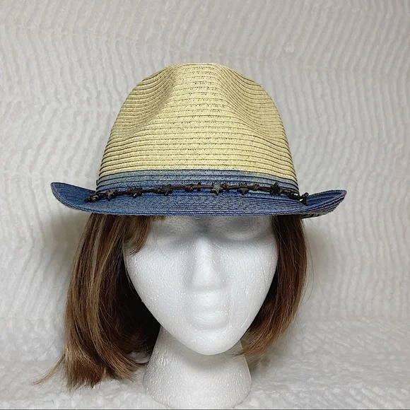 San Diego Hat Straw Fedora Blue Brim Star Adjustable Band - Picture 14 of 14
